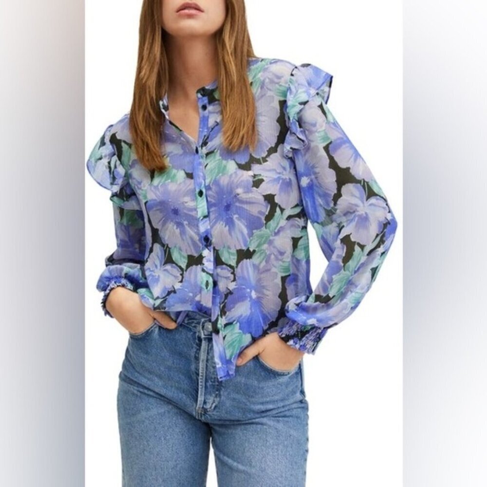 Mango Floral Print Button Up Blouse Small 4